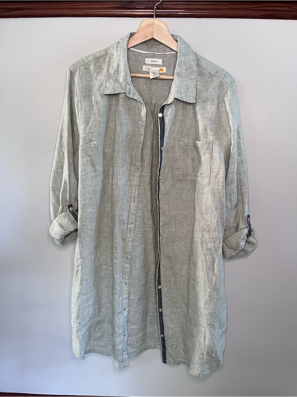 C&C California 100% Linen Shirt Dress Sage‎ Green Striped Trim Pockets XL